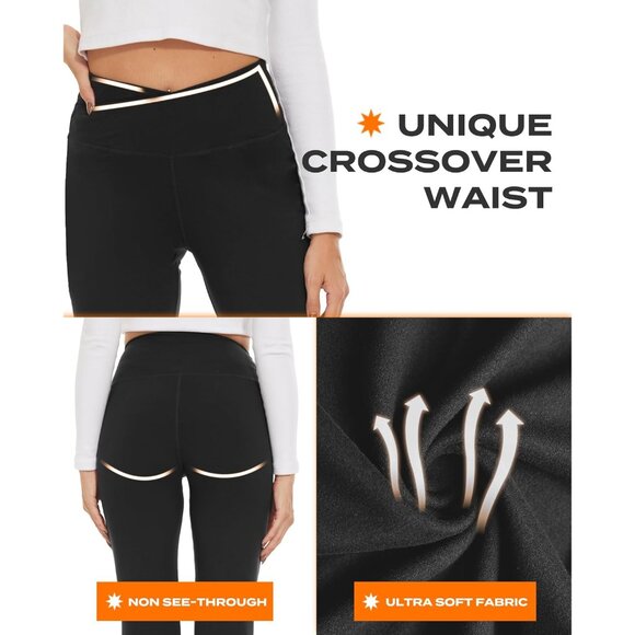 Black Flare Leggings for Women, Crossover Yoga Pants with Pockets Bootcut Flared - Picture 4 of 5